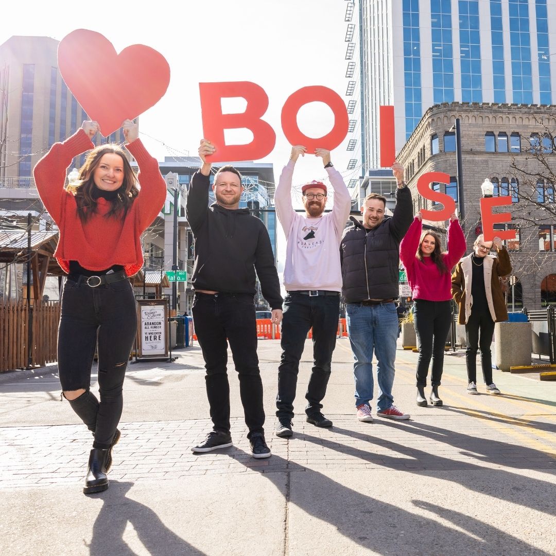 TIB Heart Crew Picture of the This is Boise crew holding a cut out letters that say heart Boise