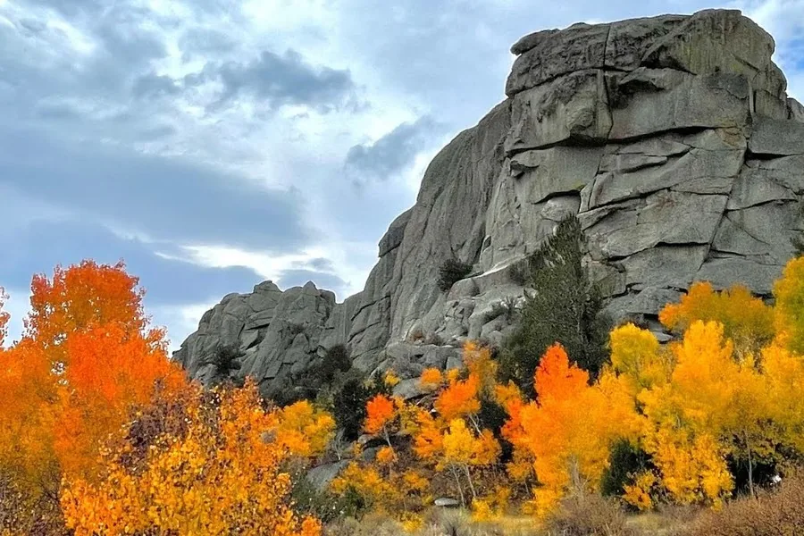 City-of-Rocks-Fall-Color Orange and gold fall foliage below the granite spires at City of Rocks