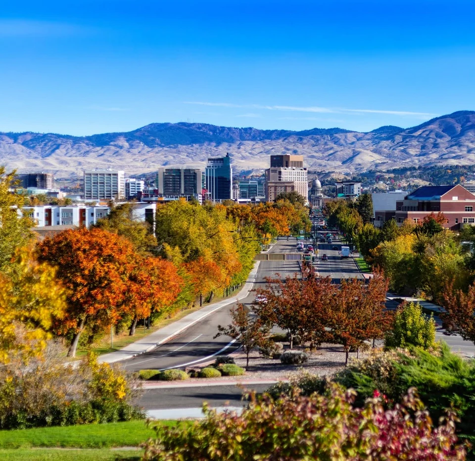 Fall colors along Capitol Boulevard looking toward downtown Boise and the foothills