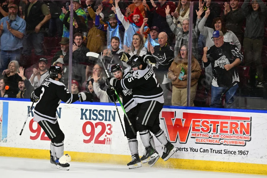 Idaho Steelheads players celebrating a goal at Idaho Central Arena Idaho Steelheads players celebrating a goal at Idaho Central Arena