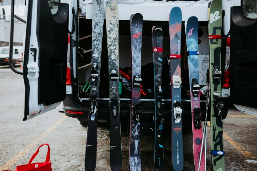 Stack of skis and snowboards Stack of skis and snowboards