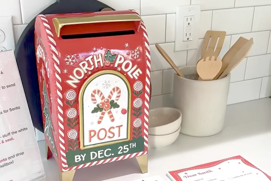CBH HomeFest Letters to Santa North Pole Post mailbox for letters to Santa on a kitchen counter in a CBH model home