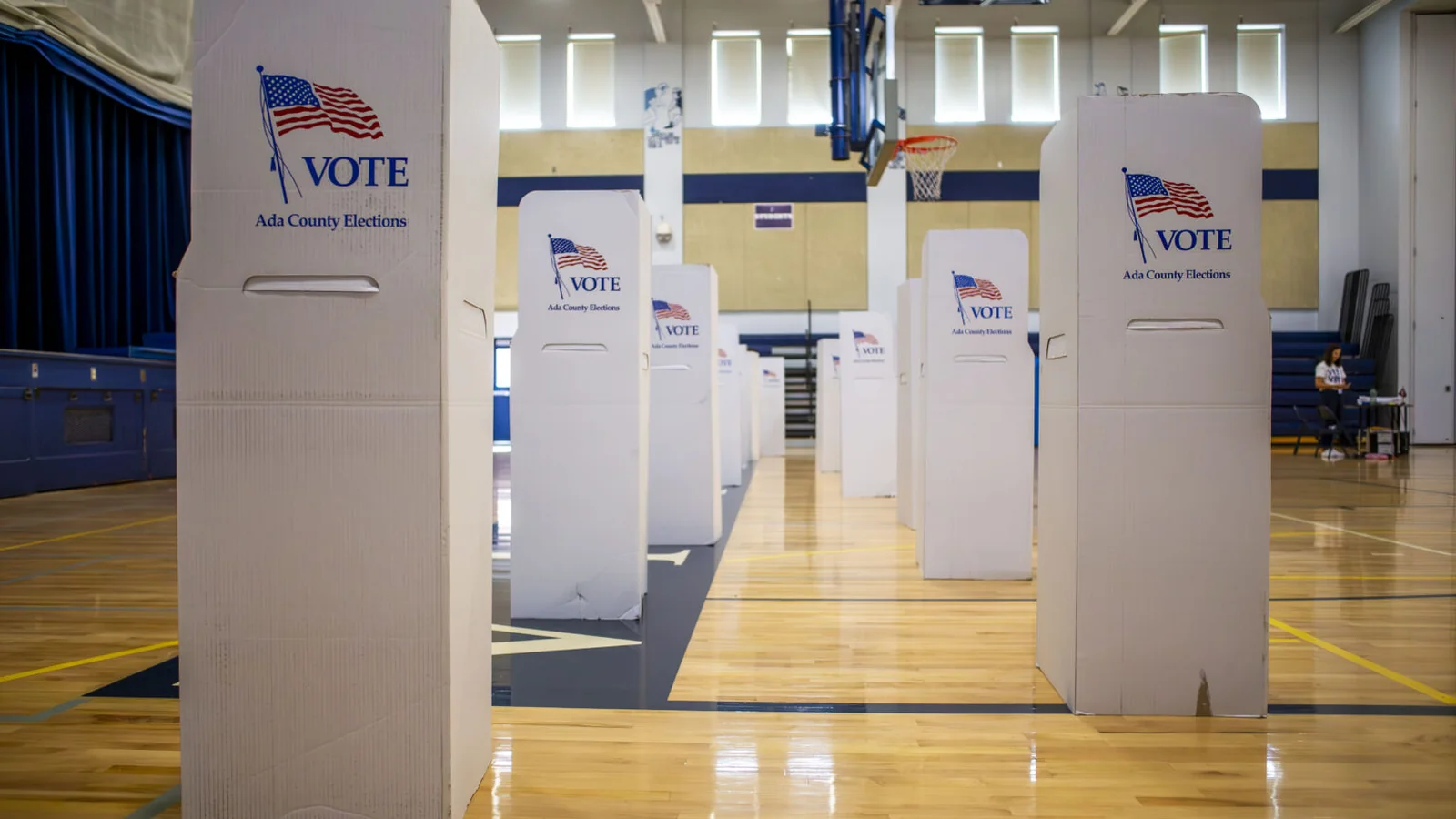Ada County Elections voting booths set up in a school gym